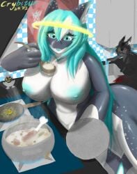 absurd_res alien anthro big_breasts black_hair blue_eyes blue_hair breasts brown_eyes canid canine canis cetacean clock cooking crybitur cutlery dolphin felid female food fur grey_body grey_fur hair halo hi_res hybrid kitchen kitchen_utensils mammal marine meat nipples nude oceanic_dolphin open_mouth orca red_hair smile solo soup spoon stellaris tail teeth tentacle tentacle_creature tools toothed_whale water white_body white_fur white_hair wolf