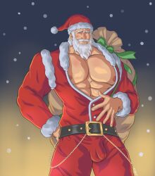 abs bara beard bulge christmas christmas_clotinhg clothing daddy dilf holidays k_sen212 male male_nipples male_only manly mature_male muscular_male nipples pecs penis_outline santa_claus santa_costume white_beard white_hair
