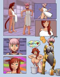 2girls apron barefoot bee bee_girl bovine breasts bucket bulge comic cow_girl desktop_size drool erection expressionless female femsub final_fantasy final_fantasy_xiv furry futanari futasub heart heterochromia honey insect intersex miqo'te penis sabrith_ebonclaw sleepymaid smile tayelle_ebonclaw text transformation