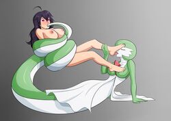 2girls barefoot black_hair bottomless breasts closed_eyes female female_gardevoir femsub foot_fetish foot_lick gardevoir grey_background hair heart_eyes hex_maniac human interspecies lamia licking long_hair mind_control mobile_size multiple_girls nintendo nipples nude oo_sebastian_oo oral pokemon pokemon_(species) pokemon_rse tail tentacles yuri