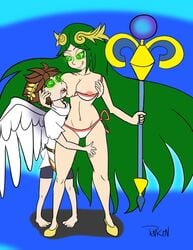 1boy 1hypno barefoot breasts brown_hair clothes drool expressionless female femdom glowing_eyes green_eyes green_hair hair hypnotic_eyes kid_icarus licking_lips long_hair male malesub mind_control mobile_size nintendo nipples palutena penken pit pit_(kid_icarus)