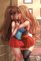 2girls against_wall armpits ass bare_shoulders blonde_hair breast_frottage breasts brown_hair closed_eyes eyelashes female_only grey_eyes hand_on_head holding human human_only kissing leaf_(pokemon) lesbian_kiss long_hair nintendo oral pokemon pokemon_frlg pokemon_xy ponytail red_skirt revolverwingstudios serena_(pokemon) serena_(pokemon_games) shirt skirt standing text thighhighs tongue tongue_out watermark yuri