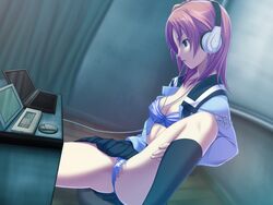 :o blue_eyes bra breasts censored circle_hitori clothes clothing expressionless female female_only femsub hair headphones mind_control open_mouth panties pink_hair pussy reupload school_uniform sitting skirt solo soushinjutsu_3 spread_legs tech_control