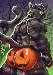 1boy ass bottomless furry halloween looking_at_viewer looking_back male male_only no_link nude outdoors paint presenting presenting_hindquarters pumpkin_butt red_eyes solo standing tail topless