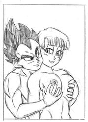 1boy 1girls bottomless breast_grab breasts bulma_briefs dragon_ball dragon_ball_z duo female funsexydragonball happy human male mobile_size monochrome nipples no_link nude vegeta