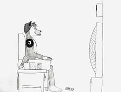 1boy 1hypno anthro chair furry happy_trance male male_only malesub mesmerized mind_control mobile_size monochrome no_link ring_eyes sitting smile solo tech_control