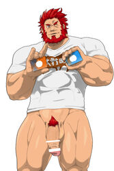 1boy alexander_the_great bara bottomless censored facial_hair fate/zero fate_(series) flaccid iskandar_(fate) male male_only muscles penis public_domain red_hair rider_(fate/zero) smile solo tagme testicles undressing wink