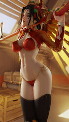 1girls 3d absurd_res absurdres alternate_costume arhoangel bikini black_hair black_legwear blender blizzard_entertainment breasts female female_only green_eyes high_resolution highres lipstick lunar_new_year lunar_new_year_series mercy midriff oppai overwatch red_lipstick side-tie_bikini stockings temple_of_anubis_(map) thighhighs year_of_the_dog zhuque_mercy