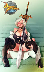 1girls armor ass bbc-chan blonde_hair blush bottomless breasts censored cleavage convenient_censoring covering_pussy dungeon_and_fighter dungeon_fighter_online feet female_only huge_breasts large_ass large_breasts majesty no_bra pubic_hair resting short_hair sitting slayer spread_legs sweat sword tease text toes video_game watermark weapon wide_hips wink