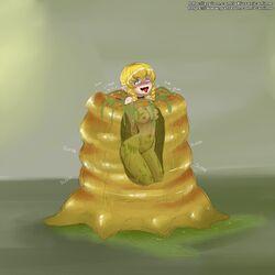 barefoot blonde_hair blush bottomless breasts eaten_then_fucked female female_only femsub grey_background grey_eyes hair hyrule_warriors like_like linkle medium_breasts monster nintendo nipples nude open_mouth rape simple_background slime text the_legend_of_zelda tongue vore