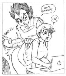 1boy 1girls artist bulma_briefs clothes dragon_ball dragon_ball_z duo female femsub funsexydragonball hair human laptop male maledom monochrome no_link open_mouth short_hair spanking speech surprised vegeta