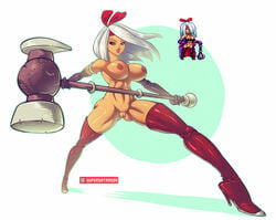 1girls abs boots breasts elbow_gloves eyeliner female gloves hammer high_heel_boots high_heels large_breasts latex latex_gloves melee_weapon nipples pussy shantae silver_hair smooth_fur solo sprite squidsmith supersatanson thigh_boots war_hammer weapon white_background white_hair