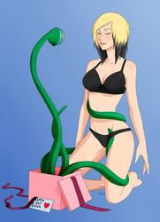 absurdres barefoot black_bra black_hair black_panties blonde_hair blue_background blush bra desktop_size drool drool_on_face expressionless female female_only femsub green_tentacles hair kaa_eyes kneeling mesmerized mind_control oo_sebastian_oo