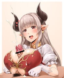 /\/\/\ 1boy alicia_(granblue_fantasy) bar_censor blush breast_squeeze breasts censored cleavage_cutout covered_nipples cum cum_on_body cum_on_breasts cum_on_clothes cum_on_upper_body darkmaya earrings ejaculation faceless_male female gloves granblue_fantasy grey_hair heart heart-shaped_pupils horns huge_breasts jewelry long_hair male_pubic_hair open_mouth paizuri paizuri_under_clothes penis pointy_ears pubic_hair puffy_short_sleeves puffy_sleeves red_eyes short_sleeves solo_focus straight symbol-shaped_pupils white_gloves