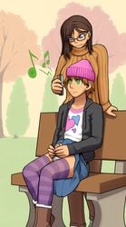 1boy 1girls bench blue_eyes brown_hair clothes crossdressing desktop_size empty_eyes female femdom glasses green_eyes hair handjob hat headgear human hypnotized listening_to_music long_hair male malesub masturbation penis