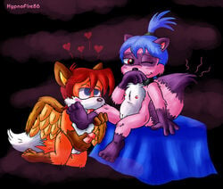 1boy 1hypno anthro barefoot blue_eyes blue_hair blush bottomless empty_eyes erection female femdom firemario86 flat_chest furry hair handjob heart hypnotic_gas kneeling licking male malesub masturbation mind_control mobile_size nude