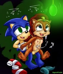 aged_down anthro barefoot blue_eyes bottomless chipmunk cum cum_drip cum_on_body dazed ejaculation erection female femsub firemario86 flat_chest fur furry green_eyes hedgehog hypnosis interspecies male mammal mind_control penis rodent sally_acorn sex smile sonic_(series) sonic_the_hedgehog straight testicles text young