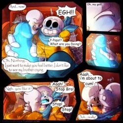 bed blush bone closed_eyes comic dialogue gay heart incest kissing licking lizheru_(artist) male masturbation papyrus_au penis sans sans_au sitting skeleton sweat tears text tongue tongue_out undertale video_games yaoi