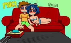 1boy 1girls blue_background blue_hair blue_panties blush breasts brown_hair bulge clothes drool drool_on_face erection erection_under_clothes female femsub frown hair human indoors kaa_eyes male male_and_female_subs malesub multiple_subs penis penken ramona_flowers scott_pilgrim scott_w_pilgrim straight text