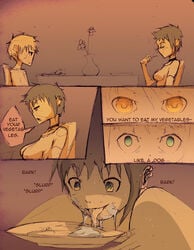 1boy 1hypno blonde_hair breasts brown_hair clothes comic darkhatboy eating female femsub food food_hypnosis food_on_face glowing_eyes hair licking male maledom mesmerized mind_control open_mouth reupload sitting speech table text