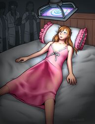 1boy androgynous bed blue_eyes blush bulge camera clipboard clothes crossdressing dress empty_eyes erection femboy feminization girly hair happy_trance indoors lipstick long_hair lying_down male malesub mind_control open_mouth orange_hair penis penis_under_dress sleepymaid trap