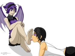 2girls all_fours barefoot black_hair clothes collar demon demon_girl expressionless female femdom foot_fetish foot_lick hair human hypnosis interspecies licking male malesub mind_control monster monster_girl multiple_girls purple_eyes purple_hair text yuri