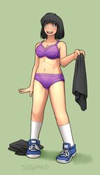 black_hair blush bra breasts clothes female female_only femsub green_background hair happy_trance mind_control mobile_size open_mouth panties purple_bra purple_panties short_hair simple_background sleepymaid smile socks spiral_eyes