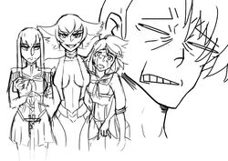 1boy 3girls bakuzan black_and_white breast_grab female fingering hourglass_figure incest junketsu kill_la_kill kiryuuin_ragyou kiryuuin_satsuki male matoi_ryuuko milf monochrome mother_and_daughter multiple_girls rape senketsu siblings sisters sketch smile sword weapon yuri