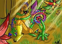 1boy anthro balls barefoot bottomless erection forest furry green_tentacles hypnotic_gas kaa_eyes male male_only malesub mind_control mobile_size no_link nude open_mouth outdoors penis plant plant_control plant_tentacle sitting