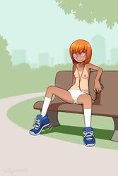 1hypno bench breasts clothes exhibitionism female female_only femsub hair happy_trance headphones mind_control nipples oblivious orange_hair park public purple_eyes sitting sleepymaid smile spiral_eyes tech_control