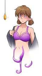 1hypno blue_eyes blush bra breasts brown_hair closed_mouth clothes clothing empty_eyes expressionless female female_only femsub hair human humanoid mind_control mobile_size navel parasite pendant pendulum pointy_ears purple_bra purple_tentacle sleepymaid