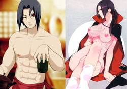 akatsuki akatsuki_(naruto) areolae bare_shoulders big_breasts black_hair breasts female headband huge_breasts kunoichi large_breasts legs lipstick long_hair looking_at_viewer male muscles muscular naruto naruto_shippuden ninja nipples nude one_eye_closed open_clothes ponytail red_eyes rule_63 sharingan sitting standing straight tied_hair uchiha_itachi