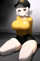 ai_generated belt big_breasts black_eyes black_gloves black_hat black_pants blush egg knightnyan looking_at_viewer mcdonald's name_tag ponytail sitting_on_floor tagme thighs white_hair white_skin white_thighhighs yellow_shirt