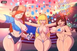 3girls 4th_of_july big_breasts bikini blonde_hair breasts brown_hair curvy female female_focus female_only gravity_falls kenergi mabel_pines pacifica_northwest shiny_skin tagme thick thick_legs thick_thighs thighhighs thighs usa_bikini wendy_corduroy