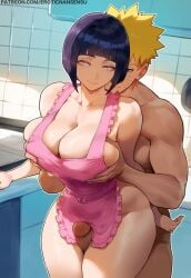 ai_generated apron apron_only bedroom_eyes big_breasts erotic_nansensu from_behind grope groping groping_breasts groping_from_behind hyuuga_hinata naruto thick_thighs thigh_sex uzumaki_naruto