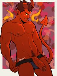 1boy abs broken_horn brown_hair cocky damien_lavey demon demon_horns demon_tail horn jockstrap looking_at_viewer male male_only monster_prom muscular muscular_arms naughty_face nipples oblivionscribe pecs penis pointy_ears pubic_hair red_skin smile smiling_at_viewer smirk smirking_at_viewer solo solo_male standing tail topless uncircumcised underwear underwear_down undressing