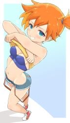 1girls ass bare_arms bare_belly bare_legs bare_shoulders bare_thighs belly_button blue_eyes blush body_blush breasts cleavage female female_only groin human kasumi_(pokemon) medium_breasts open_mouth orange_hair pokemon removing_shirt shiny_skin short_hair shorts side_ponytail smile solo suspenders temari_rin thighs undressing