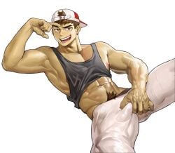 1boy abs armpits backwards_baseball_cap bandaid bandaid_on_face baseball_cap beom_liben brown_hair bulge bulge_grab cocky erection_under_clothes legs_apart looking_at_viewer lying lying_on_back male male_only muscular muscular_arms muscular_male nipples open_mouth open_mouth_smile pants pecs penis pubic_hair smile smiling_at_viewer smirk smirking_at_viewer smug solo solo_male tank_top uza_(hellme) white_background