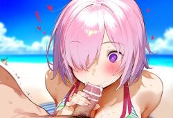 1boy ai_generated beach big_breasts big_penis cum cum_in_mouth cumshot drool drooling fate/grand_order fate_(series) fellatio female fujimaru_ritsuka_(male) glasses huge_breasts large_breasts looking_at_partner mash_kyrielight mash_kyrielight_(swimsuit_of_perpetual_summer) oral oral_sex outdoors penis pink_hair pov pubic_hair purple_eyes short_hair surprised swimsuit veiny_penis