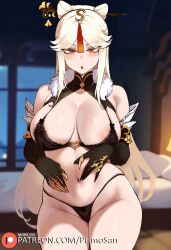 :o ai_generated blonde_hair bra detached_sleeves genshin_impact gloves large_ass large_breasts long_hair looking_at_viewer navel ningguang_(genshin_impact) primosan pussy_juice red_eyes standing thiccwithaq_(ai_style) thong underwear