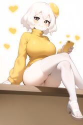 ai_assisted big_breasts black_eyes blush egg egg_(lemyawn) food_creature heart knightnyan legs_crossed looking_at_viewer panties phone short_hair sitting smile sweater table thighhighs turtleneck_sweater