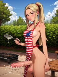 1futa 4th_of_july ai_generated american_flag apron apron_only balls bbq big_penis breasts cooking cum dickgirl erect_penis erection futa_only futanari grilling intersex looking_at_viewer makychan mostly_clothed outdoors outside partially_clothed patriotic_clothing penis penis_out penis_under_apron
