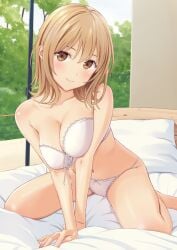 bed bed_sheet breasts_between_arms breasts_squeezed_together brown_eyes collarbone leaning_forward light_blush light_brown_hair looking_at_viewer medium_breasts n.g. original original_character short_hair smiling_at_viewer trees underwear white_bra white_panties window