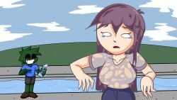 2d 2d_(artwork) clothed clothed_female cute eye_contact eyelashes female_focus female_human long_hair male male/female no_nose perfect_body prank purple_eyes purple_hair self_upload smile tuubaa wet wet_clothes youtube youtuber youtuber_girl