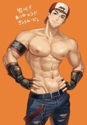1boy abs armband backwards_baseball_cap bandaid bandaid_on_face baseball_cap belt beom_liben brown_hair fingerless_gloves gloves gyaran_do69 hands_on_hips jeans looking_at_viewer male male_only muscular muscular_arms muscular_male nipples orange_background pants pecs ripped_jeans slight_blush smile smiling_at_viewer smooth_skin solo solo_male standing topless