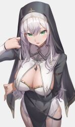 breast_curtains breasts cleavage covered_navel dress earrings female_only green_eyes habit hololive large_breasts long_hair looking_at_viewer necklace nun official_alternate_costume pelvic_curtain reulem shirogane_noel shirogane_noel_(7th_costume) side_slit solo virtual_youtuber white_hair