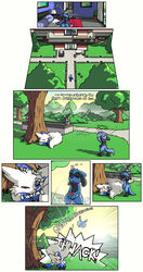 ambiguous_gender anthro balls bedroom blue_fur claws closed_eyes collar comic duo english_text erection forest fur holding_penis humor kick male male_only morning_wood nintendo nude open_mouth ouch outdoor_pee outside peeing peeing_on_another penis pokémon_(species) pokemon pokemon_(species) red_eyes riolu semi-anthro shiny_pokemon sleeping sleepwalking text tired tree twotails urinating urinating_male urination urine urine_stream video_games watersports white_fur zangoose