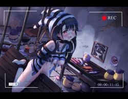 :o absurdres arms_behind_back azur_lane black_hair blush bondage bondage bottomless bound bound_arms breasts censored chain_around_neck chained_legs chains clothes_pull crotch_rub crying crying_with_eyes_open female full_body highres identity_censor legs legs_folded long_hair medium_breasts midriff navel nipple_clamps nipples no_bra no_panties pamiat_merkuria_(azur_lane) pamiat_merkuria_(caged_minx)_(azur_lane) photo_(object) prison_cell prison_clothes pussy_juice recording red_eyes restrained sex_toy shirt shirt_pull side_ponytail single_bare_shoulder solo stomach straddling striped_clothes striped_headwear striped_shirt tears thighhighs thighs torn_clothes torn_thighhighs vaginal_penetration very_long_hair wooden_horse xiaoye124