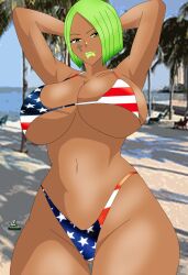 american_flag_bikini big_breasts dark-skinned_female deez_(biggy_deez) green_eyes green_hair noir-black-shooter swimsuit