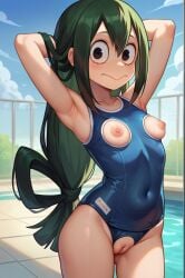 1girls ai_generated asui_tsuyu boku_no_hero_academia breasts breasts_out cute female green_hair looking_at_viewer my_hero_academia nipples nudity outside pussy solo solo_female swimsuit tagme tsuyu_asui userisbad